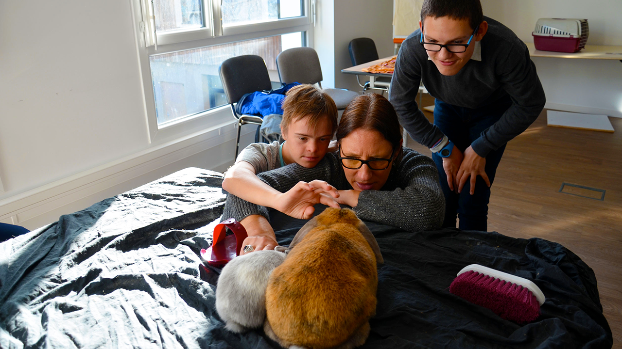 Rencontre avec deux adorables lapins lors de l’atelier « Un animal, des anim’mots » à l’IME La Fleuriaye.